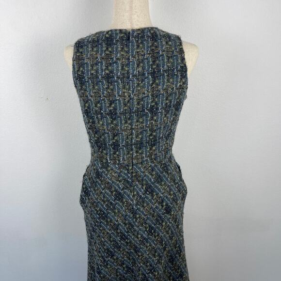 Ann Mashburn Blue Green Tweed Wool Sleeveless Sheath Trumpet Midi Dress Small - Picture 6 of 13